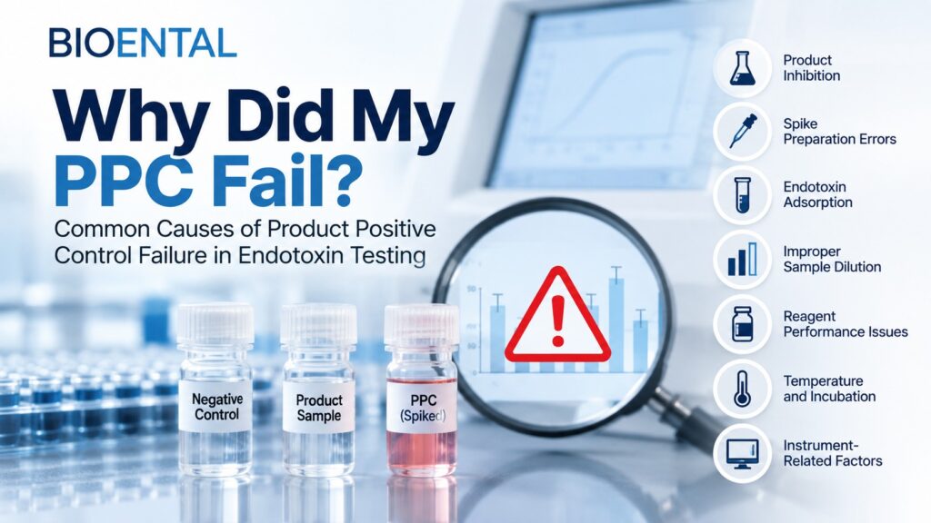 PPC failure troubleshooting guide showing common causes of Product Positive Control failure in bacterial endotoxin testing including inhibition, dilution errors and reagent issues