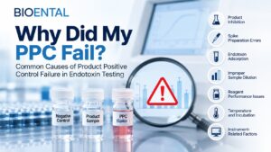 PPC failure troubleshooting guide showing common causes of Product Positive Control failure in bacterial endotoxin testing including inhibition, dilution errors and reagent issues