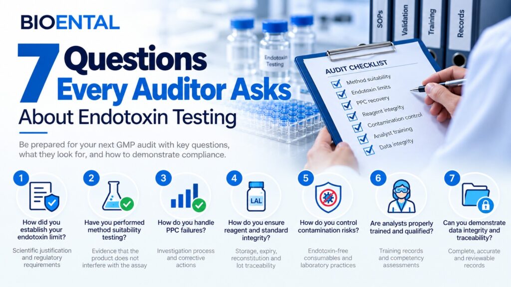7 common auditor questions about endotoxin testing covering endotoxin limits, method suitability testing, PPC failures, reagent integrity, contamination control, analyst training, and data integrity.