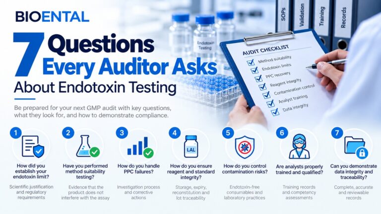 7 common auditor questions about endotoxin testing covering endotoxin limits, method suitability testing, PPC failures, reagent integrity, contamination control, analyst training, and data integrity.