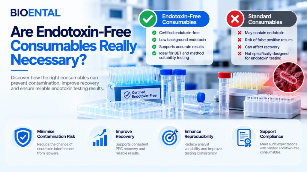 Infographic comparing endotoxin-free consumables and standard laboratory consumables, highlighting contamination risks, false positive results, low endotoxin recovery, PPC failures, audit readiness, and BET compliance.