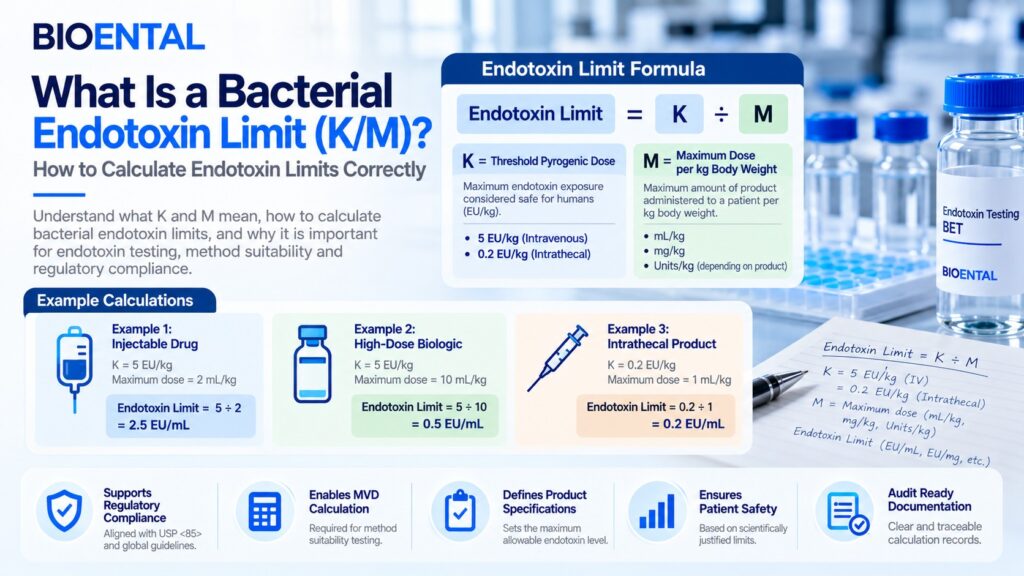 Bacterial Endotoxin Limit (K/M) calculation infographic explaining how to calculate endotoxin limits using the K divided by M formula, including intravenous, biologic, and intrathecal product examples for endotoxin testing, USP compliance, method suitability studies, and Maximum Valid Dilution (MVD) calculations.