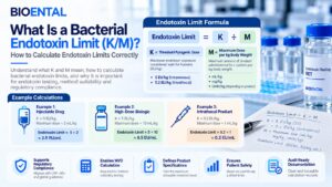 Bacterial Endotoxin Limit (K/M) calculation infographic explaining how to calculate endotoxin limits using the K divided by M formula, including intravenous, biologic, and intrathecal product examples for endotoxin testing, USP compliance, method suitability studies, and Maximum Valid Dilution (MVD) calculations.