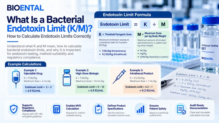 Bacterial Endotoxin Limit (K/M) calculation infographic explaining how to calculate endotoxin limits using the K divided by M formula, including intravenous, biologic, and intrathecal product examples for endotoxin testing, USP compliance, method suitability studies, and Maximum Valid Dilution (MVD) calculations.