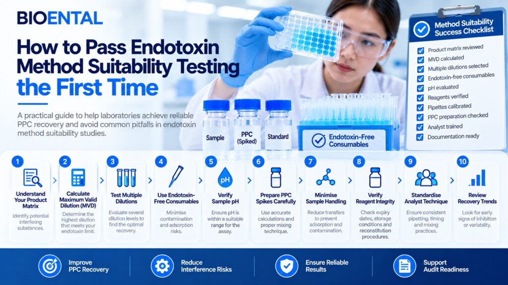 Infographic showing a 10-step guide to passing endotoxin method suitability testing, including MVD calculation, dilution selection, PPC preparation, endotoxin-free consumables, pH verification, reagent integrity, analyst training, and recovery trend analysis.