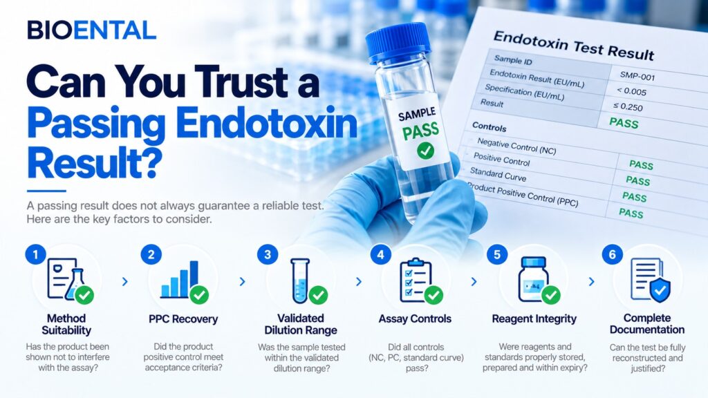 Passing endotoxin test result infographic showing key factors that determine endotoxin test reliability, including method suitability, PPC recovery, validated dilution range, assay controls, reagent integrity, and documentation.