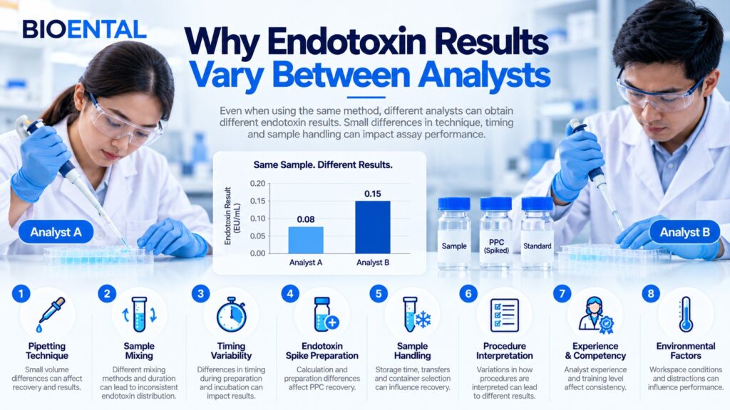 Infographic explaining why endotoxin results vary between analysts, highlighting factors such as pipetting technique, sample mixing, timing variability, spike preparation, sample handling, procedure interpretation, analyst competency, and environmental conditions.