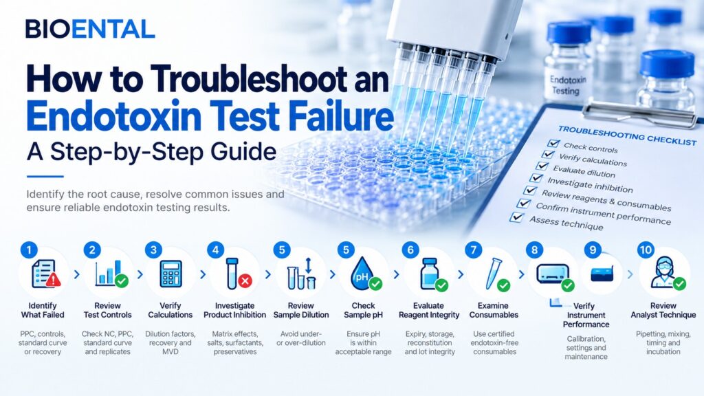 Endotoxin test failure troubleshooting workflow showing a step-by-step investigation process for PPC failures, low recovery, product inhibition, dilution errors, reagent issues, instrument performance, and analyst technique.