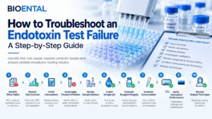 Endotoxin test failure troubleshooting workflow showing a step-by-step investigation process for PPC failures, low recovery, product inhibition, dilution errors, reagent issues, instrument performance, and analyst technique.